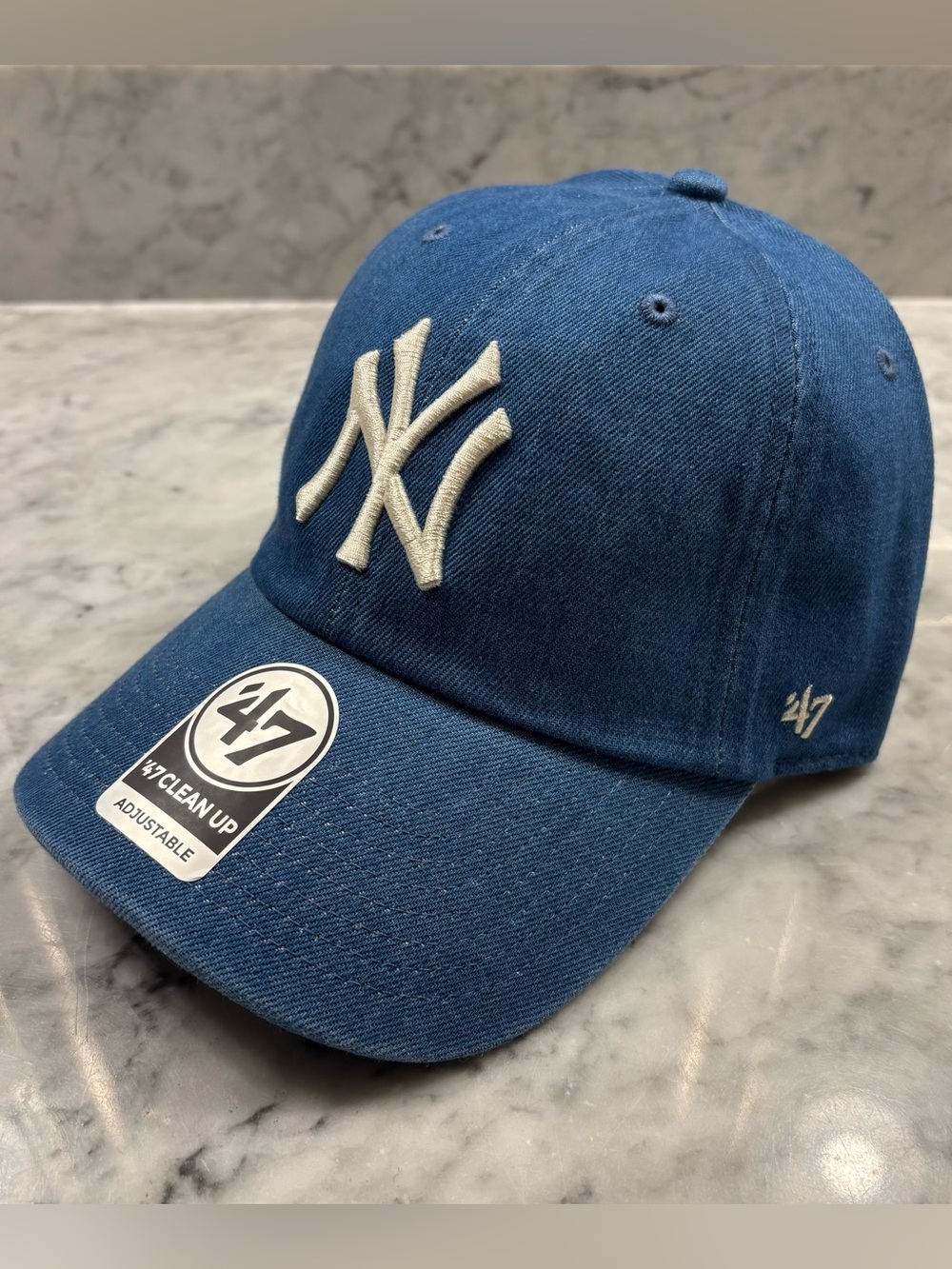 ‘47 Brand Clean Up Adjustable Strap Hat New York Yankees NY MLB Blue Denim
